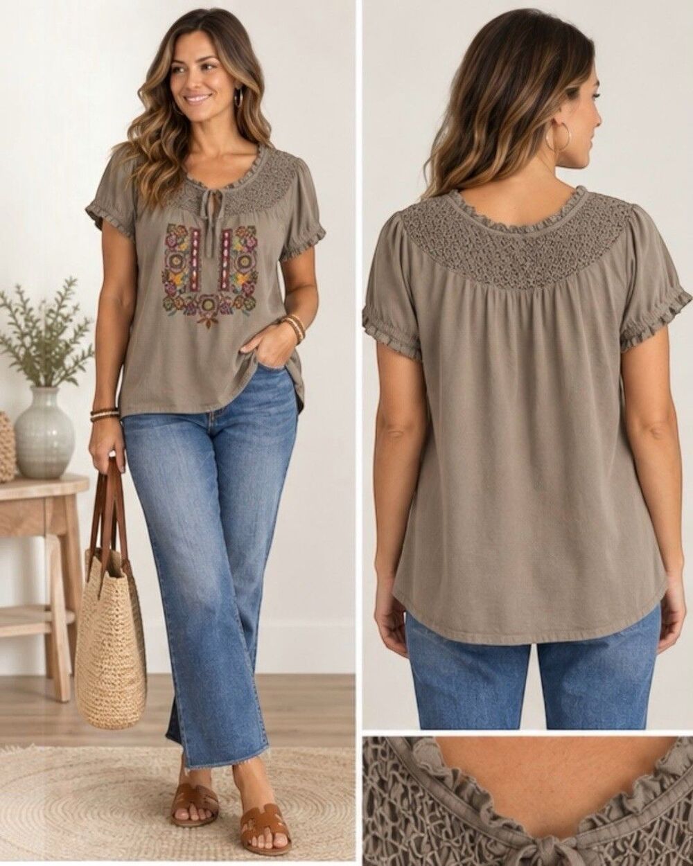Sahalie Top Women L Brown Embroidered Floral Smocked Peasant Boho Cotton